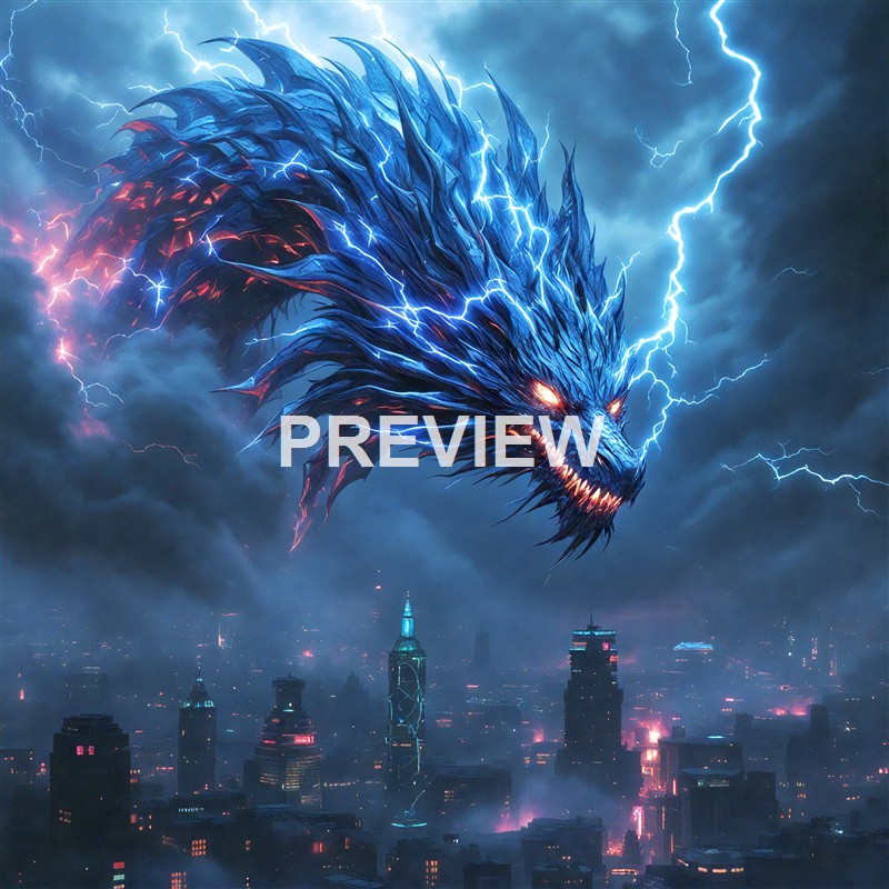A large, menacing blue dragon with lightning crackling around it hovers over a city skyline shrouded in dark clouds, with its glowing eyes and sharp teeth visible.